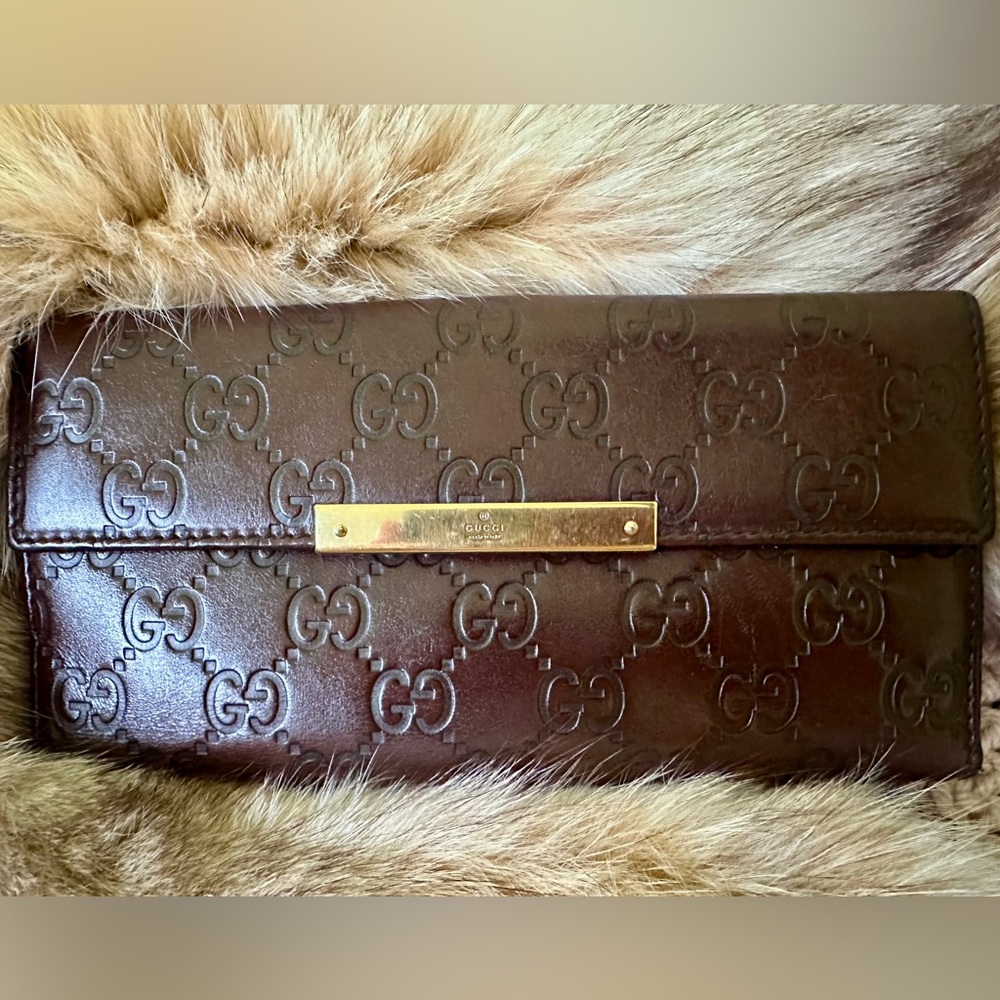 GUCCI Dark Brown Guccissima Continental Leather Wallet